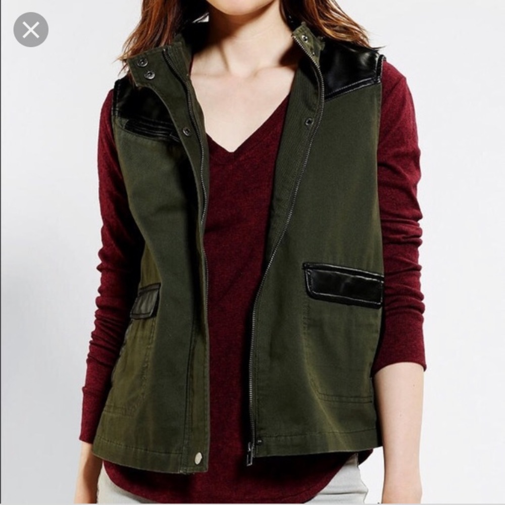 BDG green faux leather hooded vest jacket